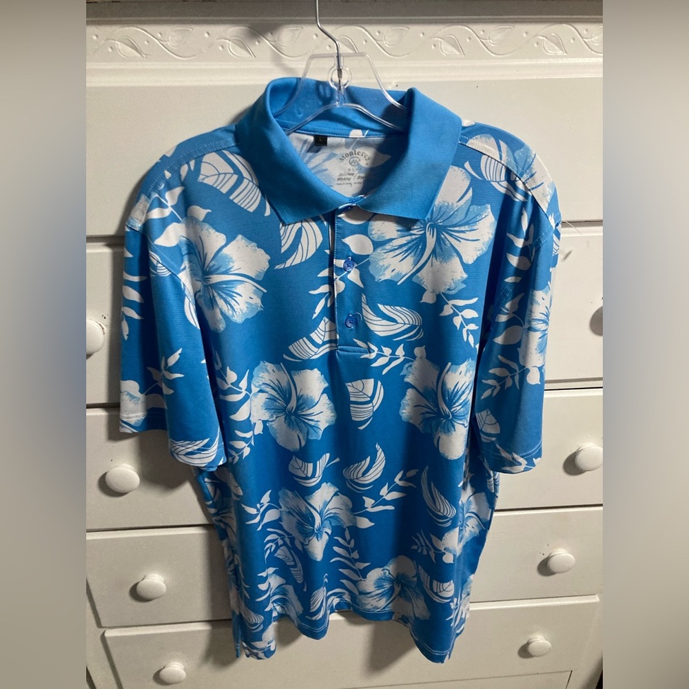 Monterey Polo Men's  Blue floral print moisture wicking short sleeve Size Large